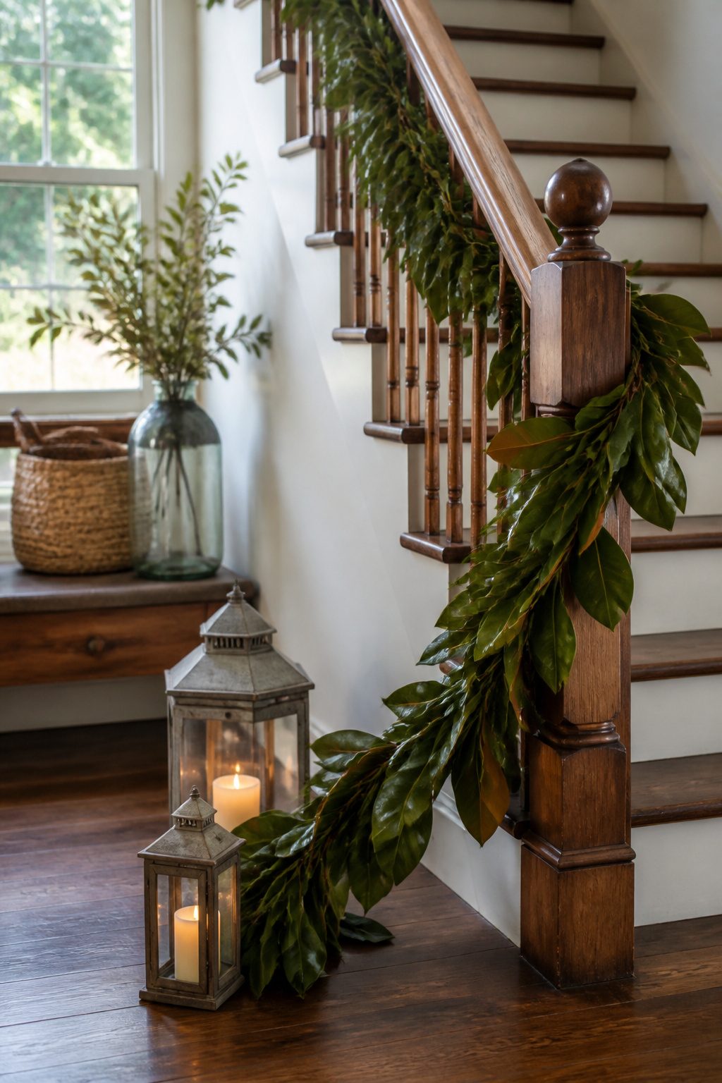 Green Magnolia leaf garland on a wooden stair railing.