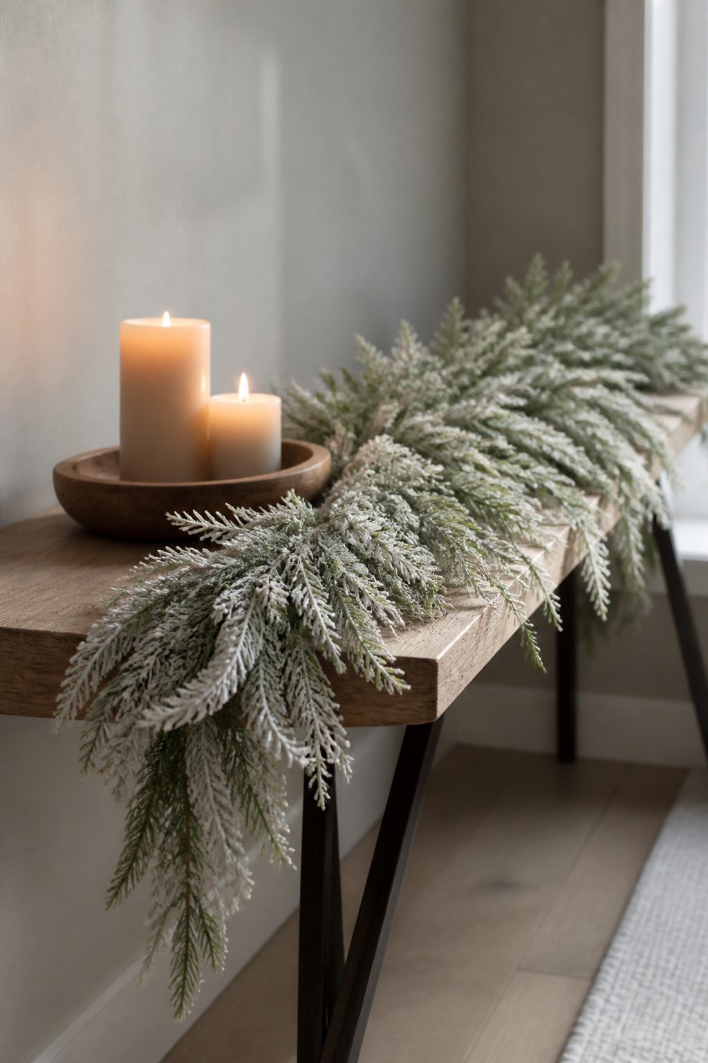 Iced Cedar garland draped on a console table.