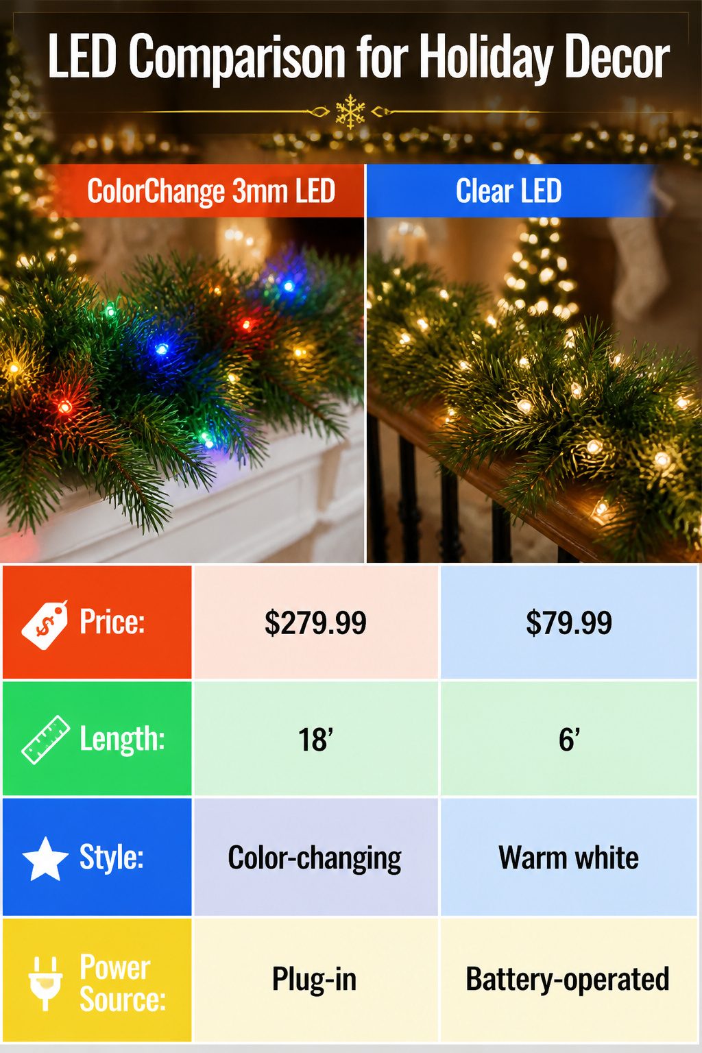 Information image comparing LED options for holiday decor.