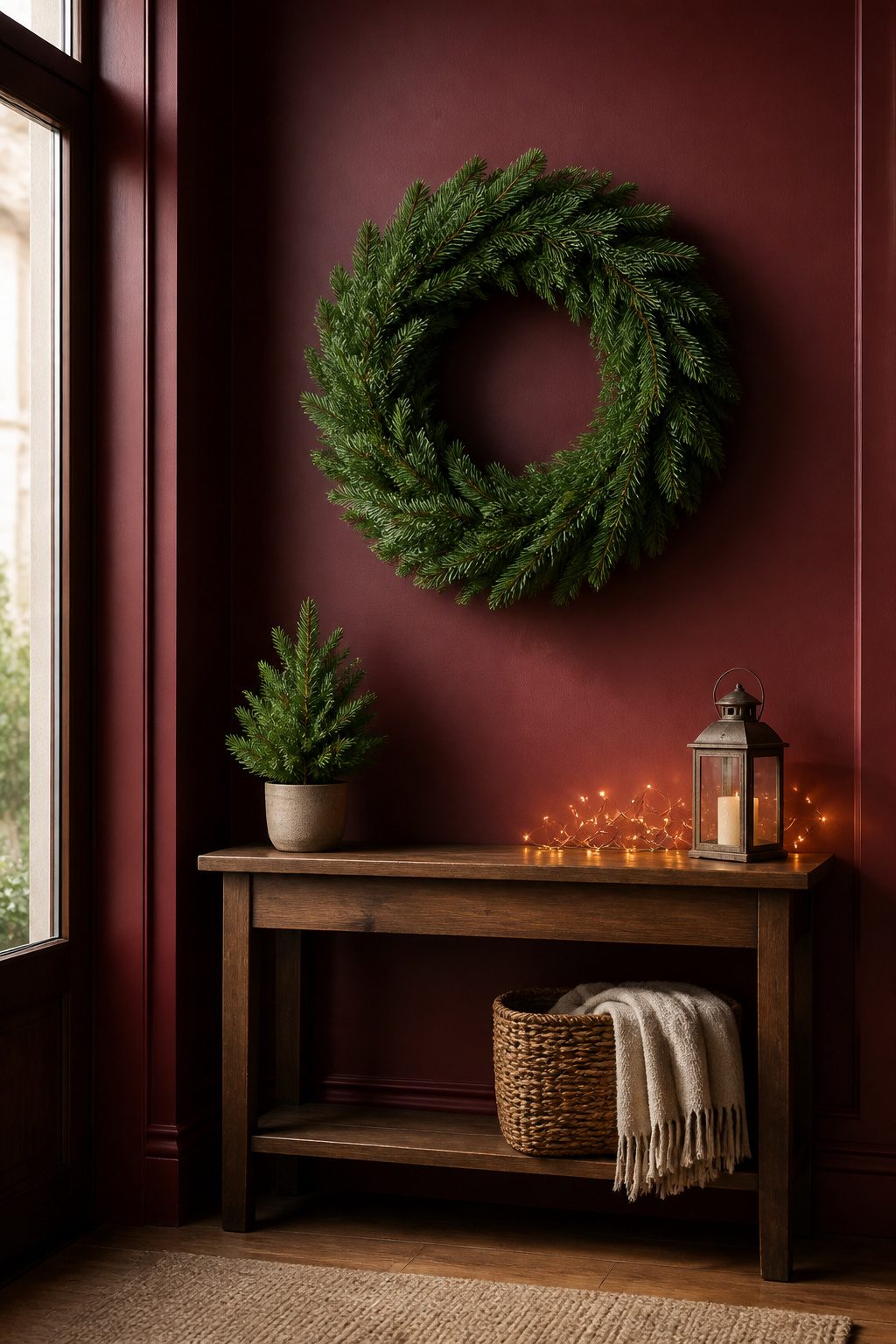 Natural Douglas wreath on a cranberry wall.