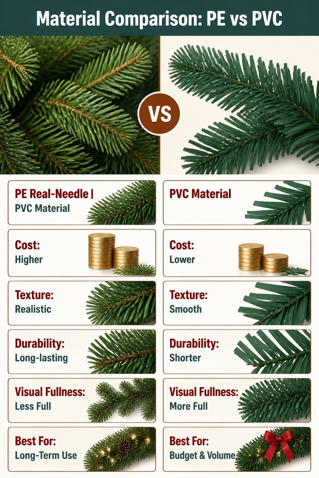 Comparison of PE and PVC materials for wreaths and garlands.