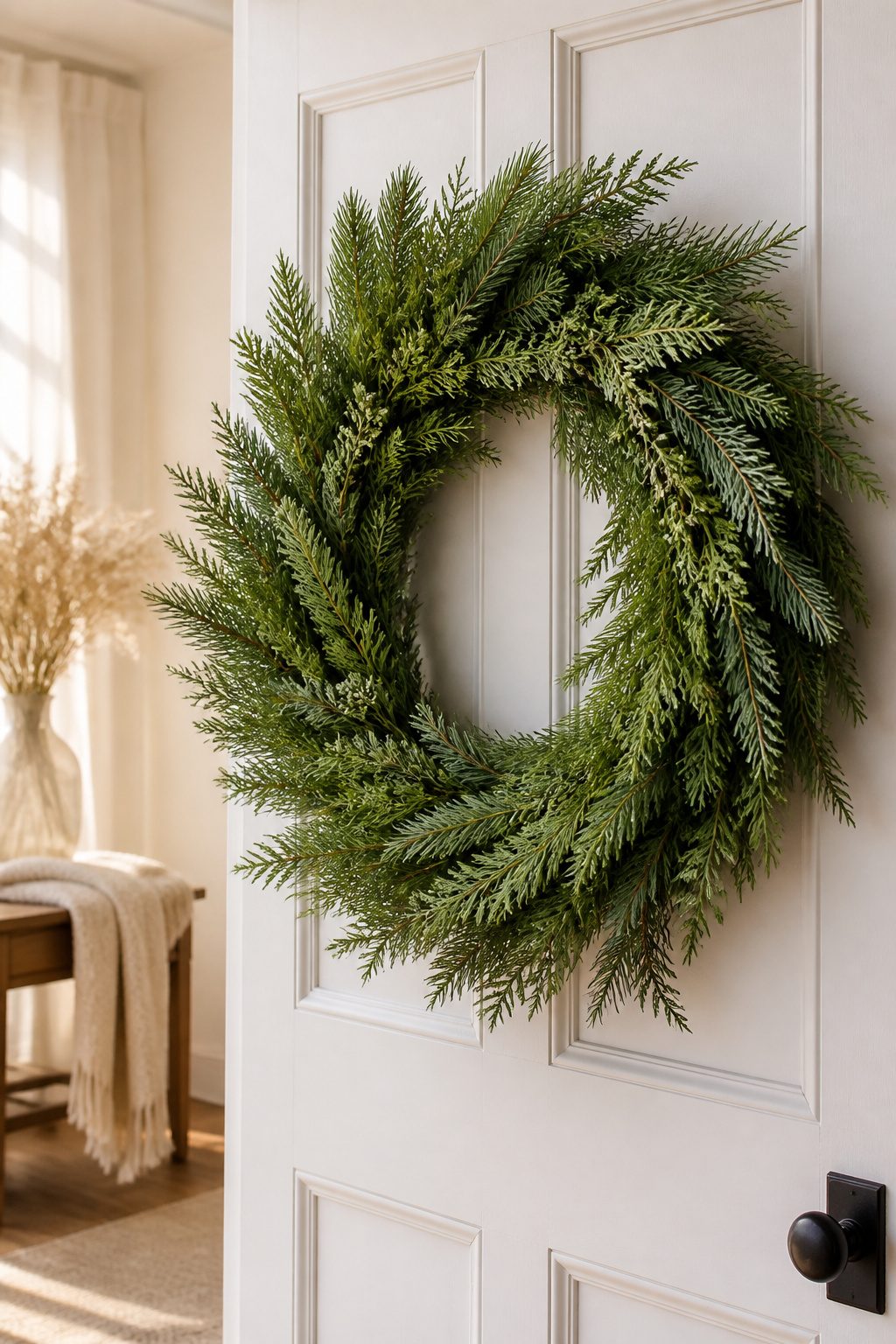 Real Touch Cedar and Norfolk Pine wreath on a front door.