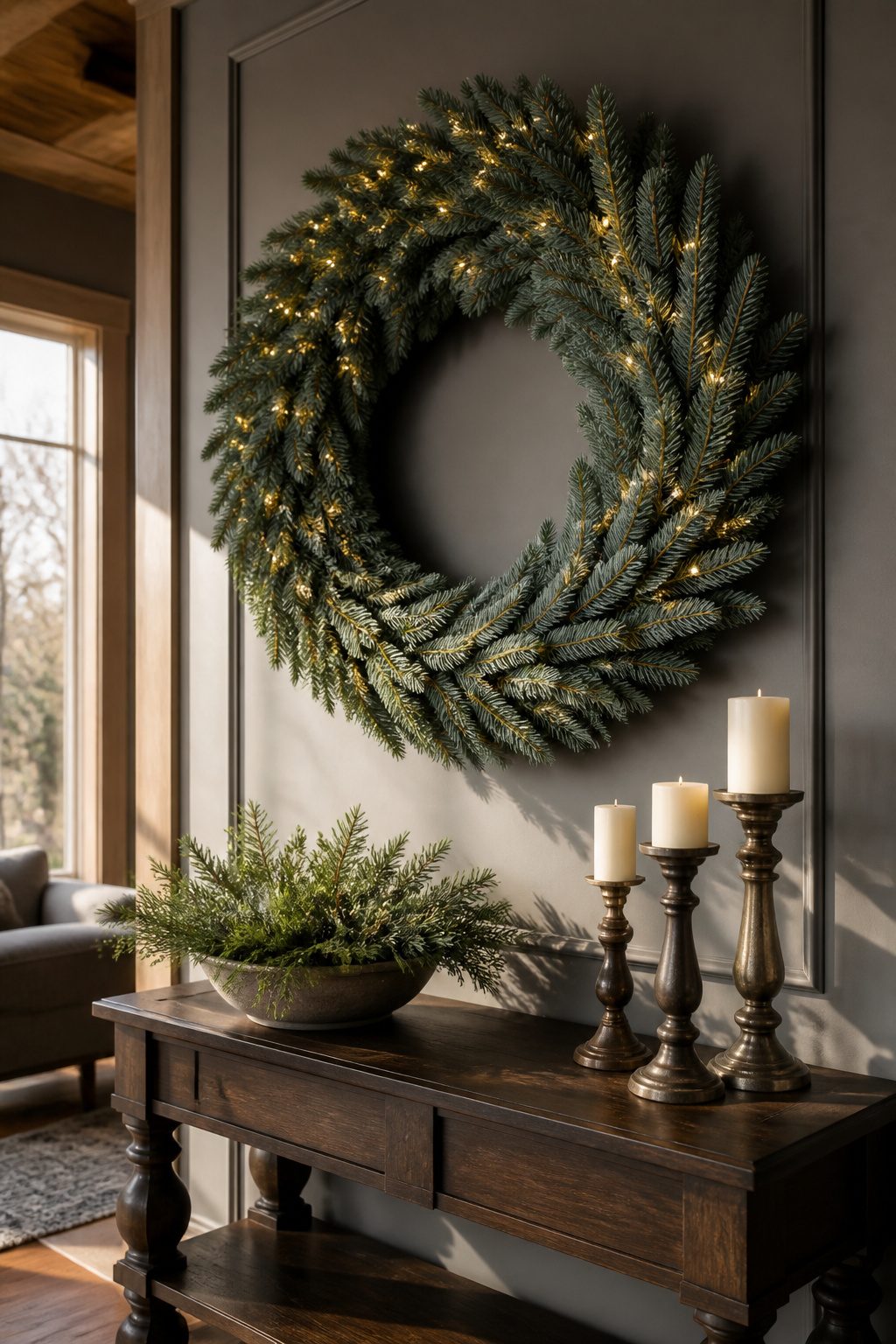 Savoy Blue Spruce wreath with lights on a gray wall.
