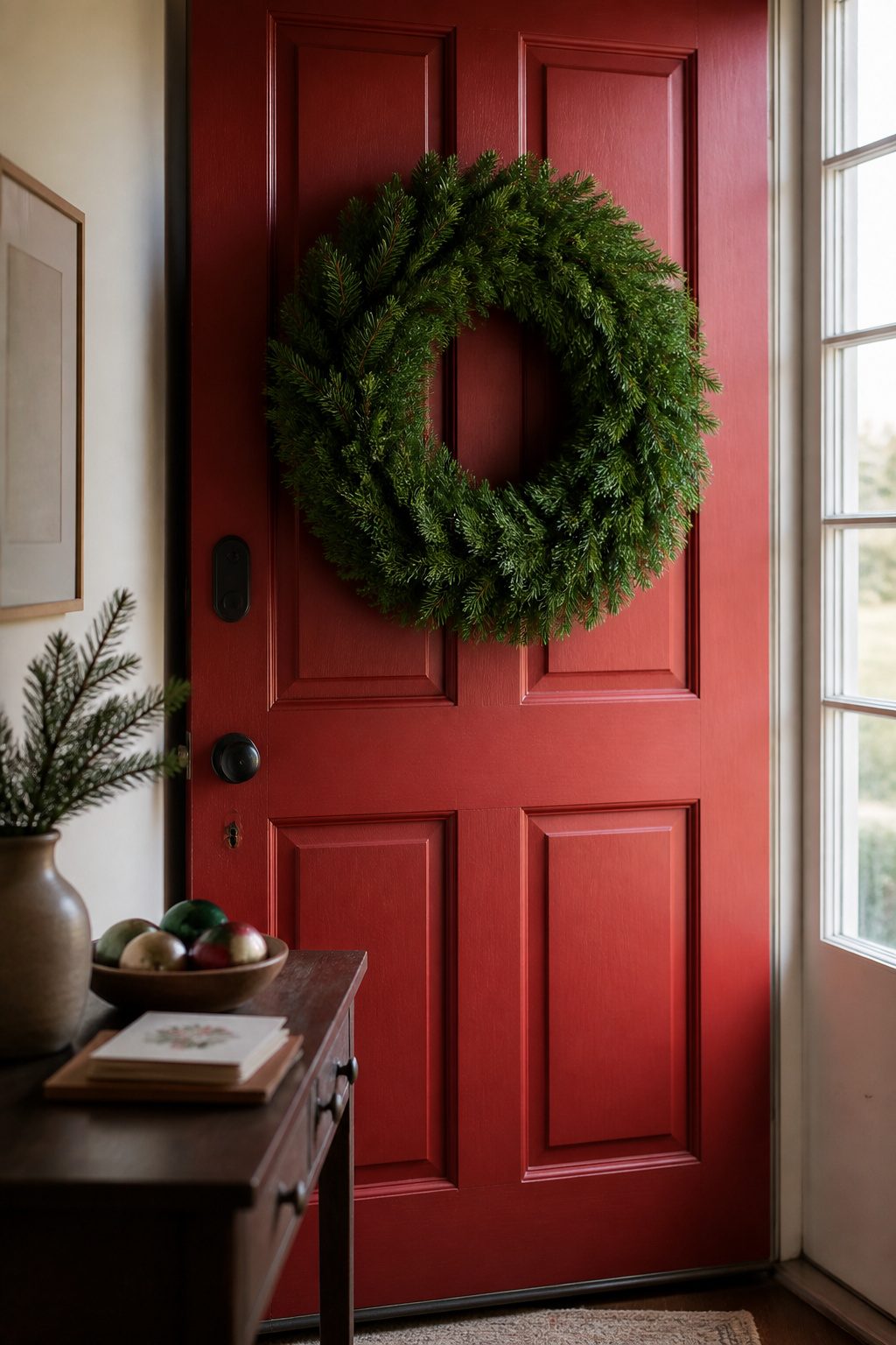 Scotch Pine wreath on a bold red front door.