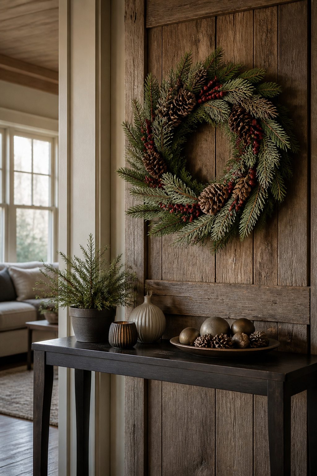 Timberline wreath against a weathered wood door.