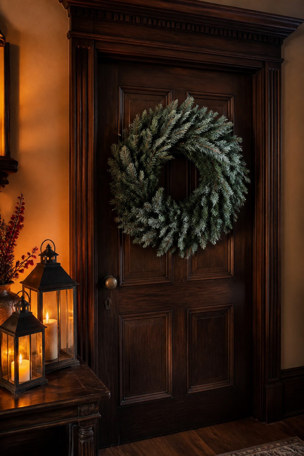 Victorian Fir wreath on a dark wood door.