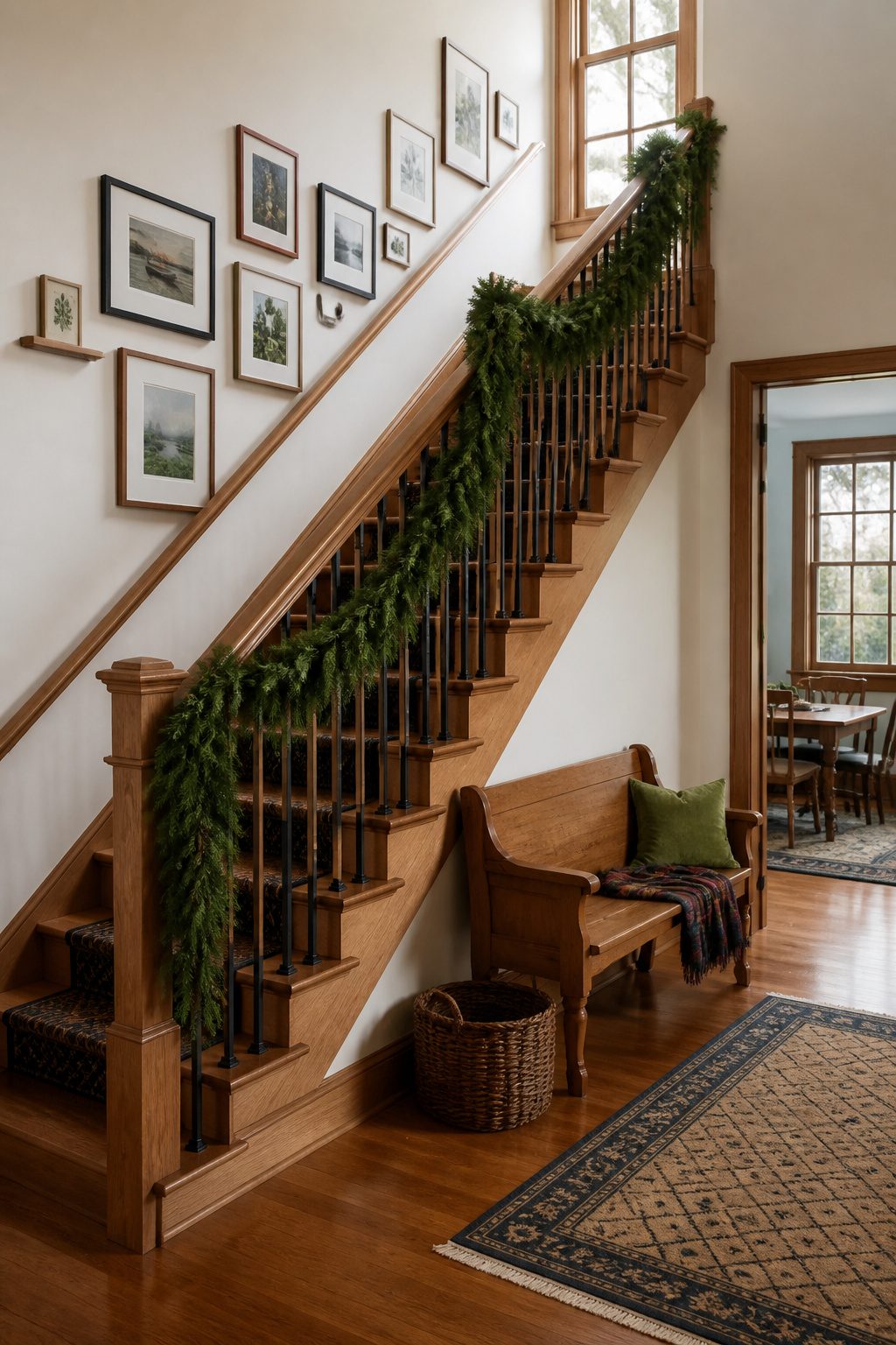 Western Balsam garland displayed on a staircase railing.
