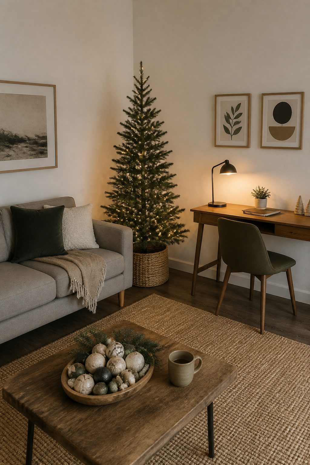 Narrow Arrow Spruce Christmas tree positioned in a corner.