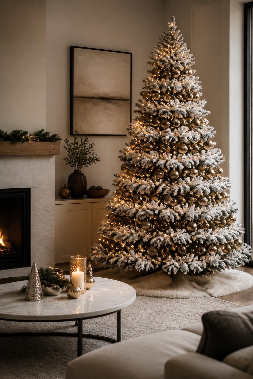 Flocked Layered Lucerne Christmas tree with dense white tips.