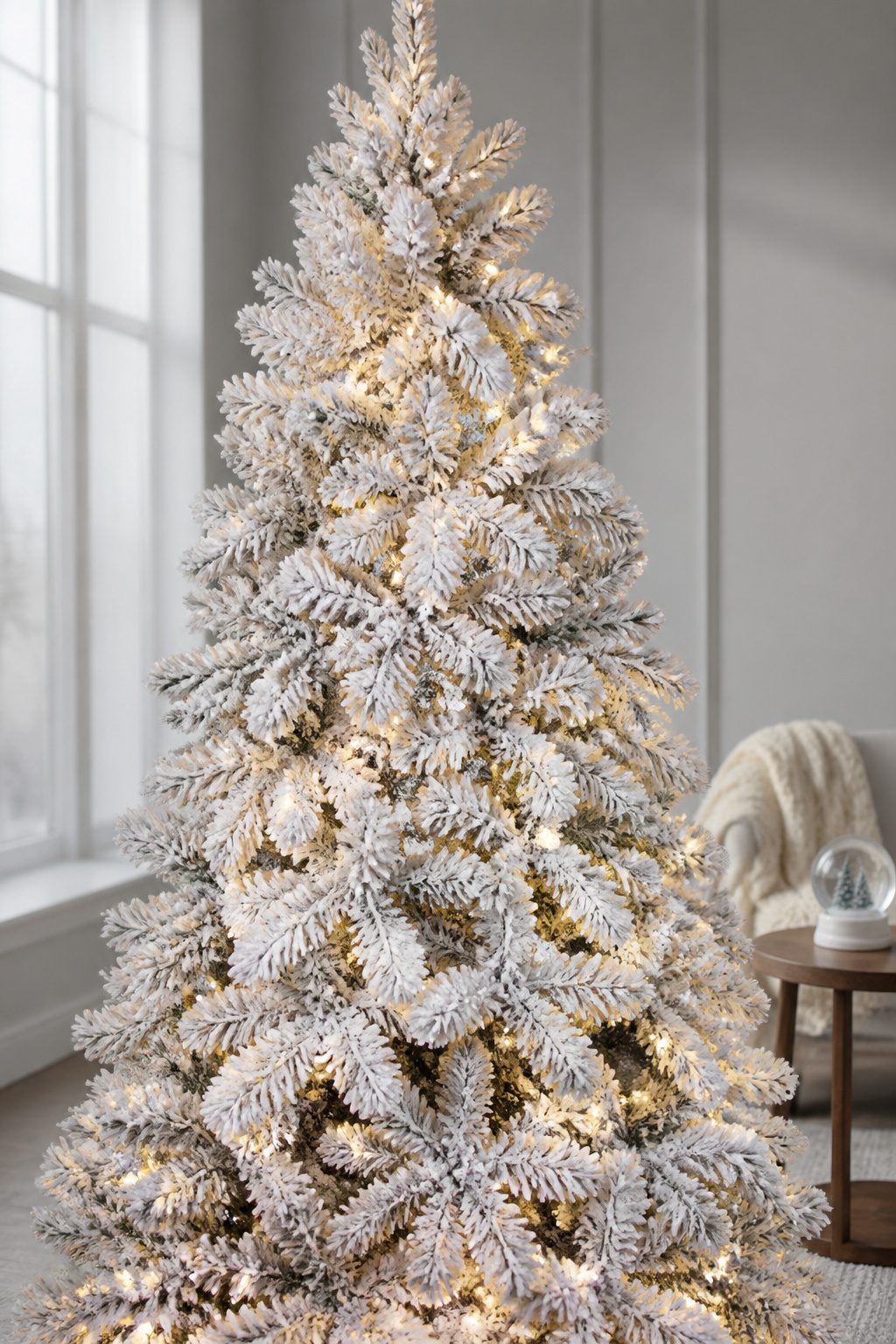 Flocked white forest Christmas tree with snow-like appearance.