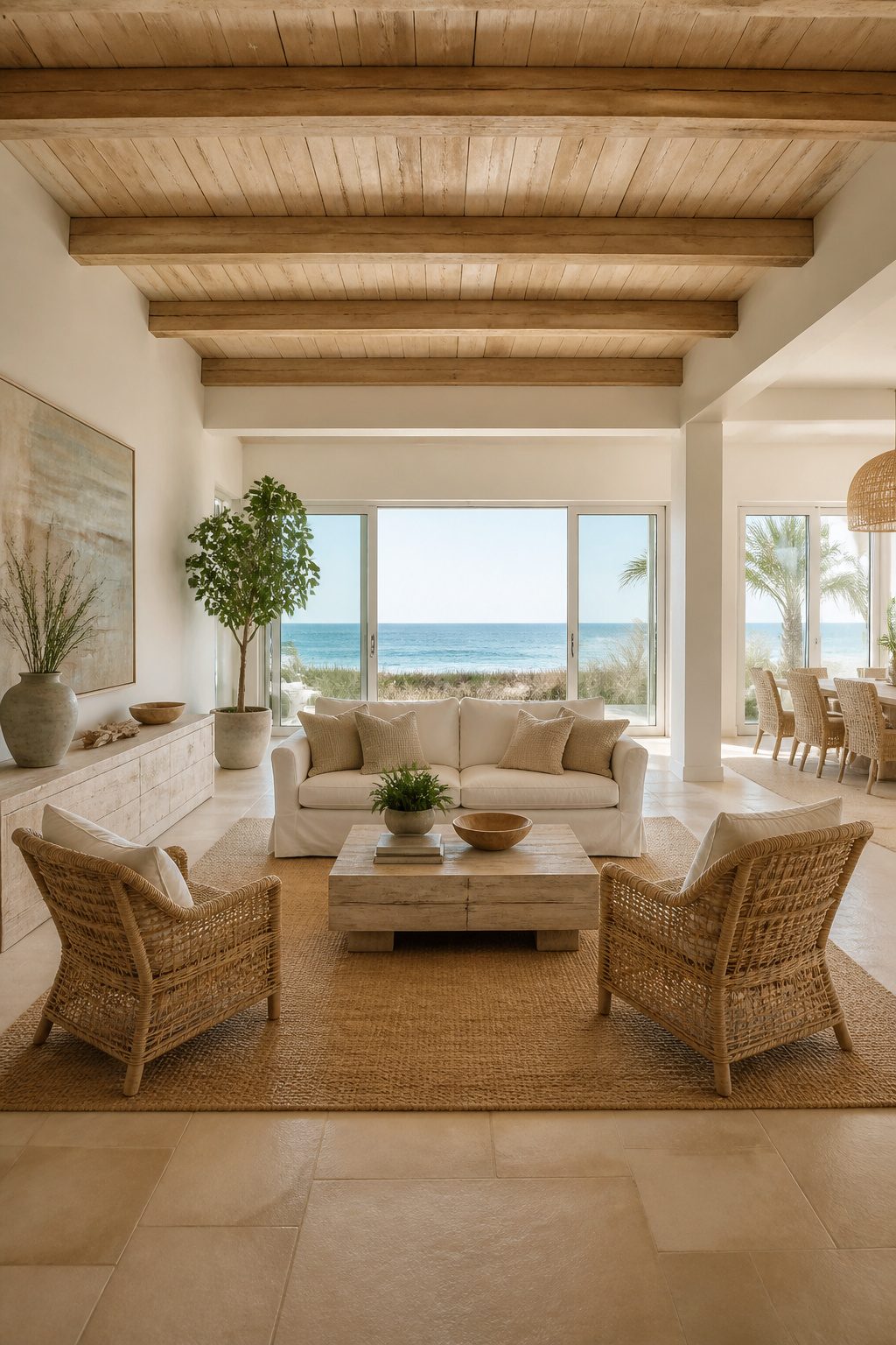 Slipcovered sofa and rattan chairs in a coastal chic living room.