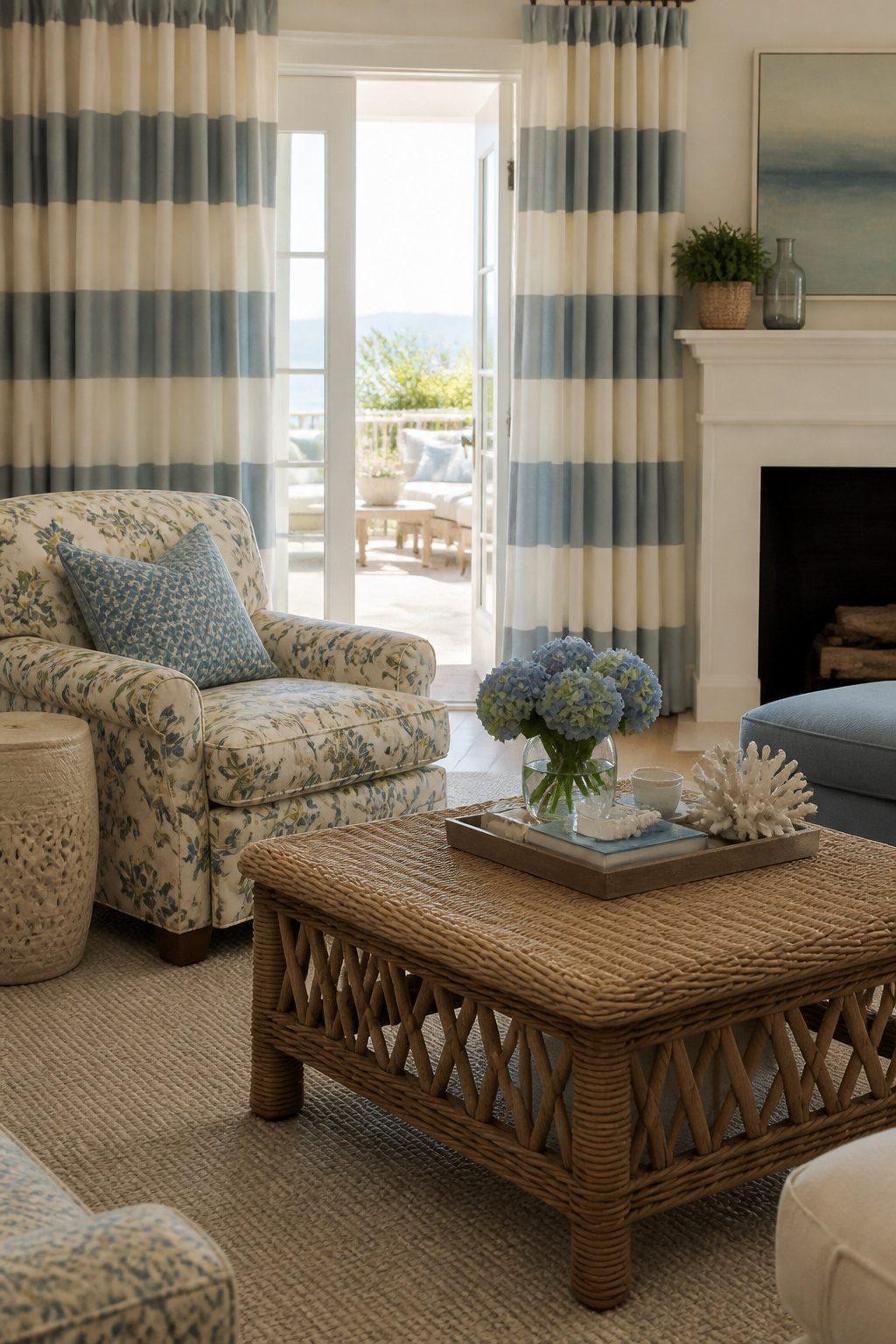 Living room with floral upholstery, geometric pillows, and striped curtains.