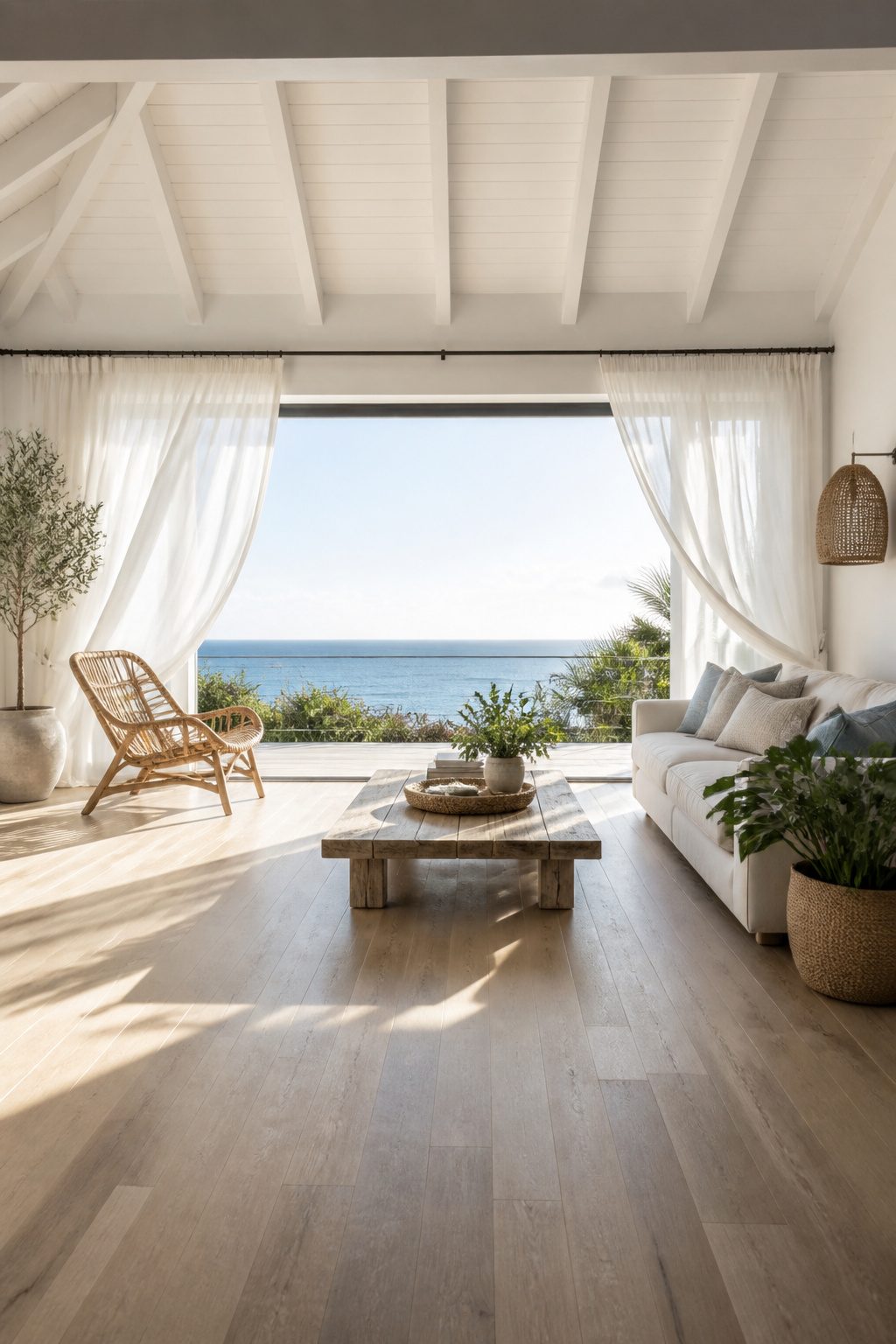 Light filtering through sheer curtains in a bright room.