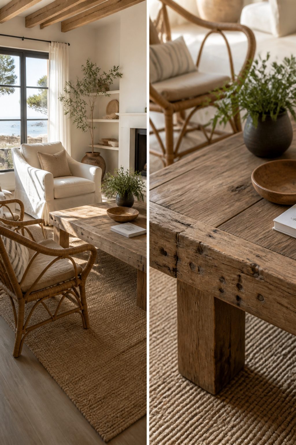 Rattan chair and reclaimed wood table in a coastal chic setting.