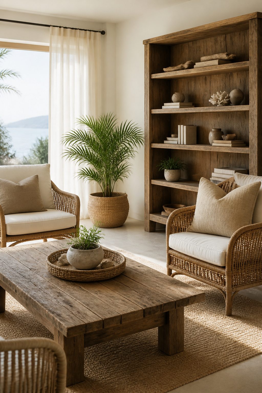 Reclaimed wood bookshelf and organic cotton cushions in a coastal space.