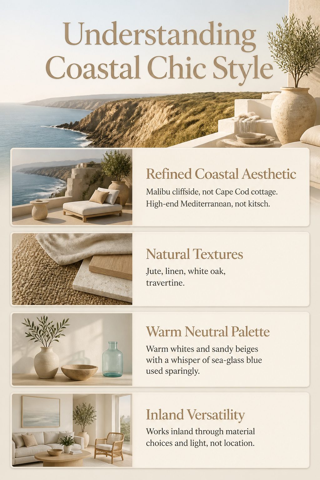 Information image illustrating the coastal chic decorating style.