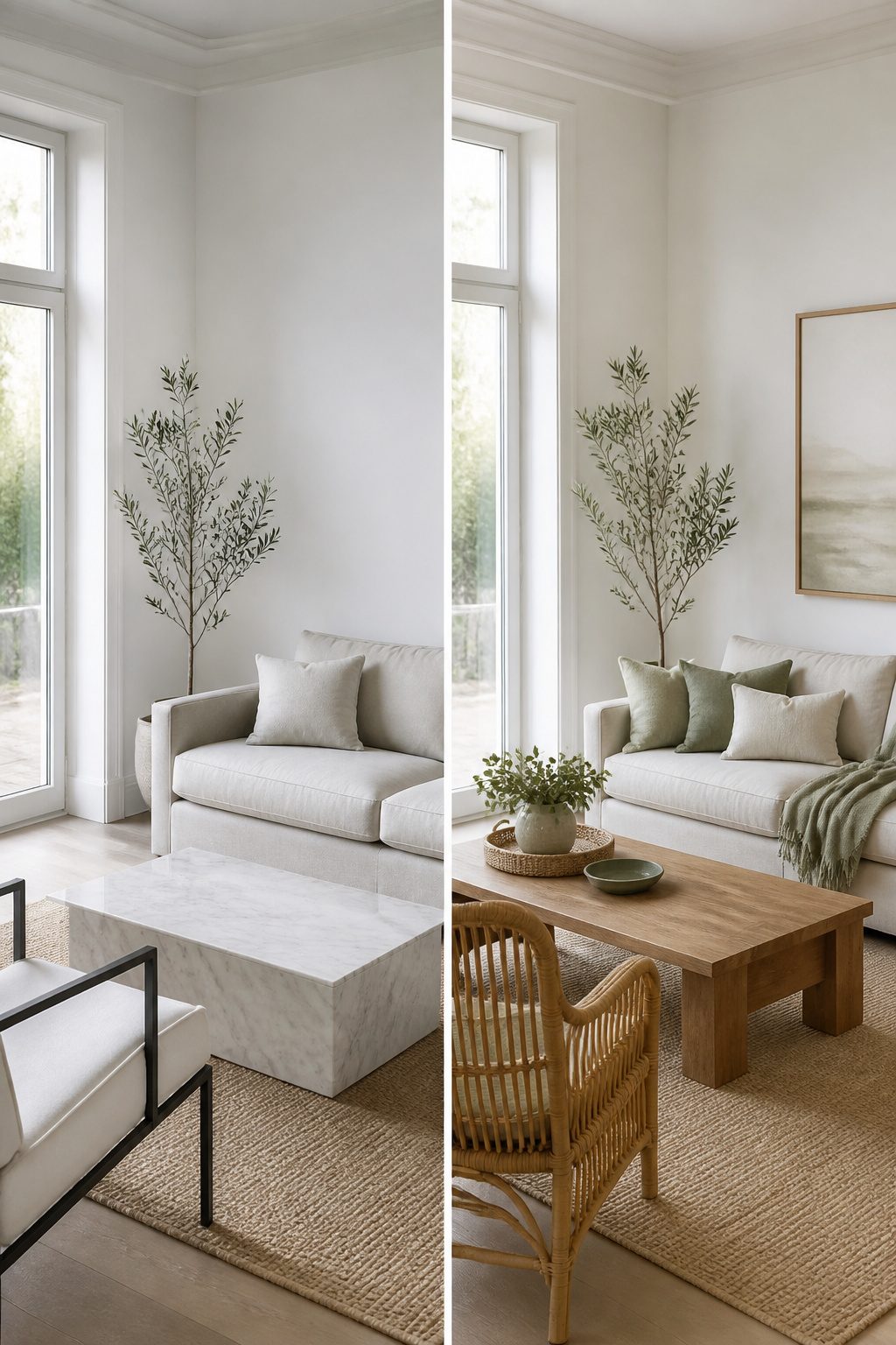 Coastal chic room showing integration with minimalist and traditional elements.