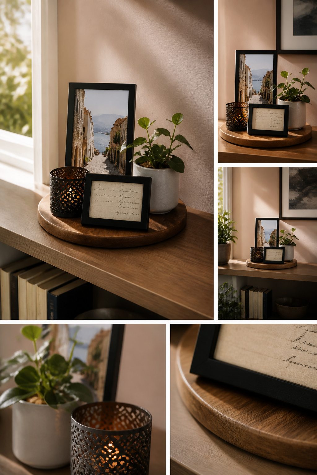 A shelf displaying personal items and framed photos.