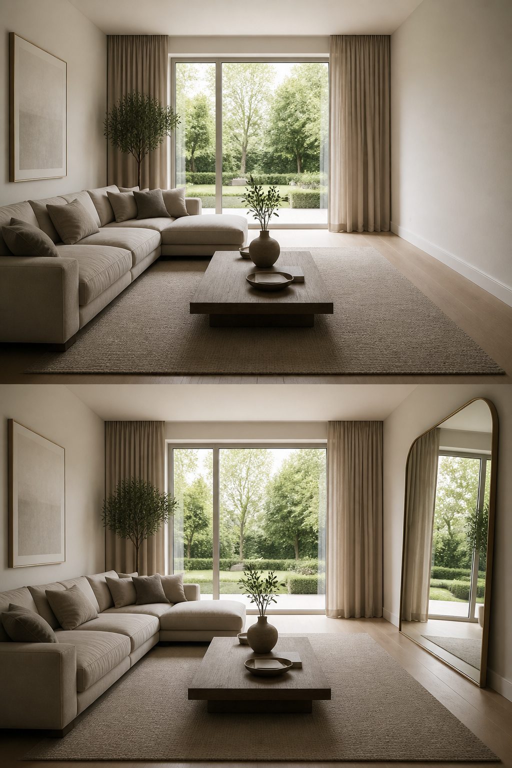 A mirror positioned opposite a window in a well-lit room.