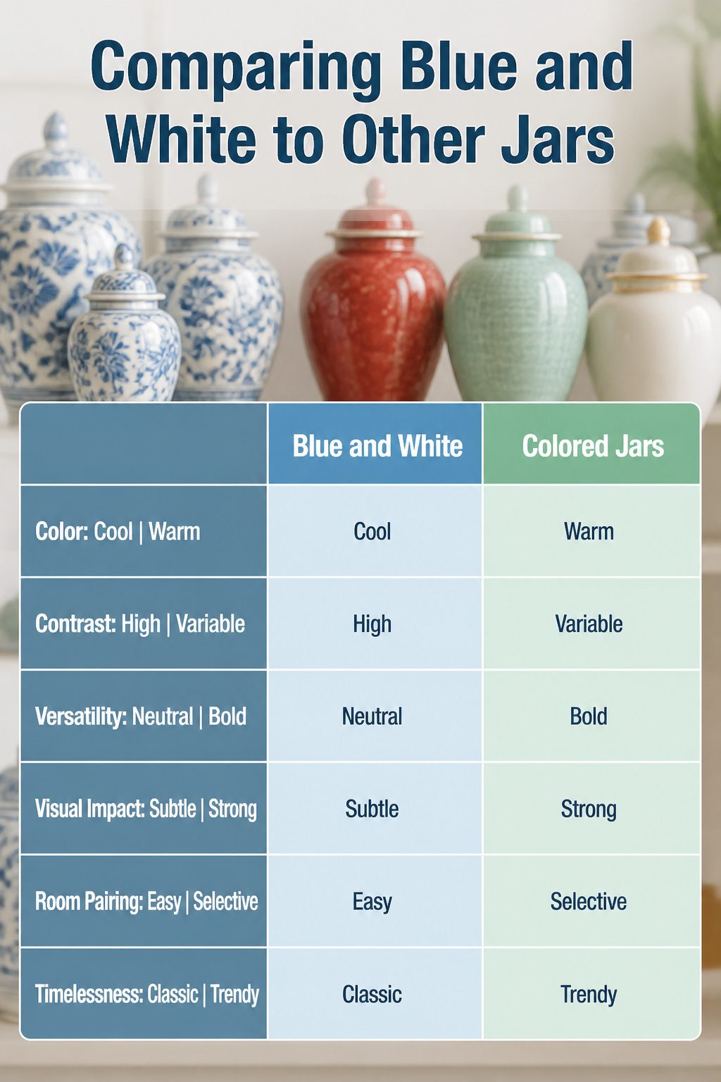 Blue and white ginger jars placed in a bathroom setting.