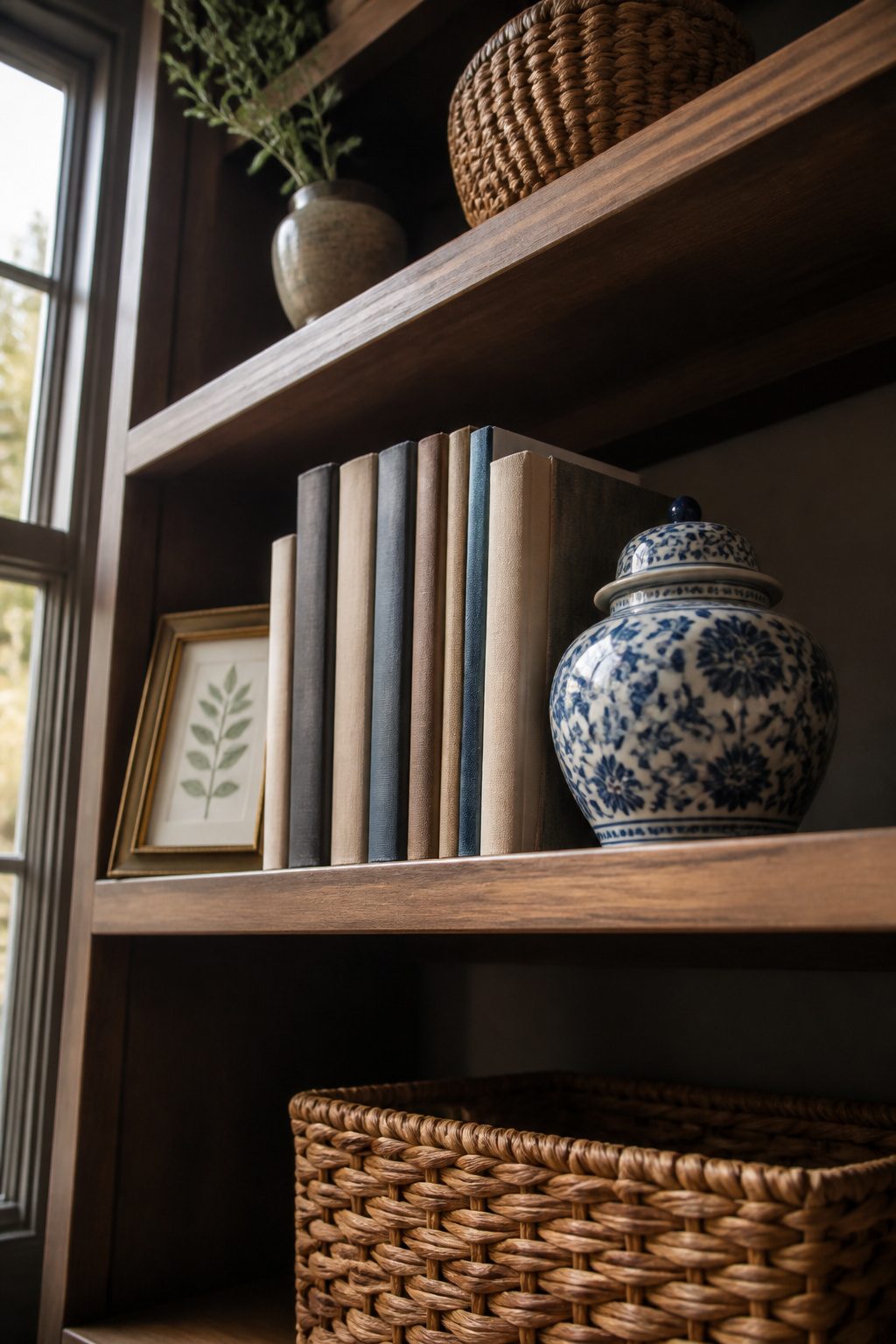 A ginger jar anchoring a stack of books on a side table.