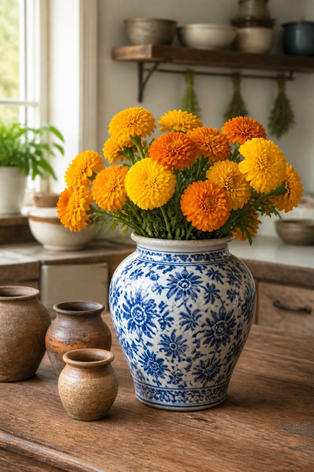 A ginger jar with marigolds arranged inside on a table.