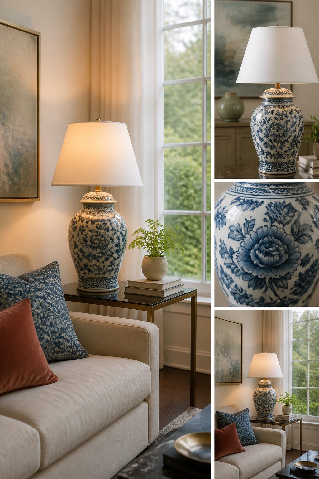 A ginger jar converted into a lamp on a bedside table.