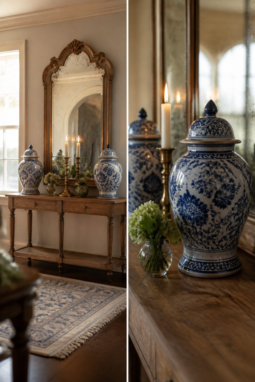 Two ginger jars placed symmetrically on a mantel.