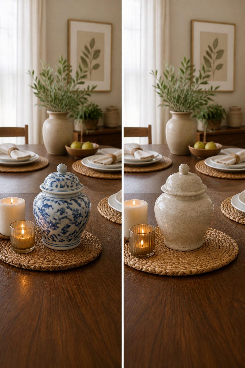 A table set with two ginger jars and decorative items.