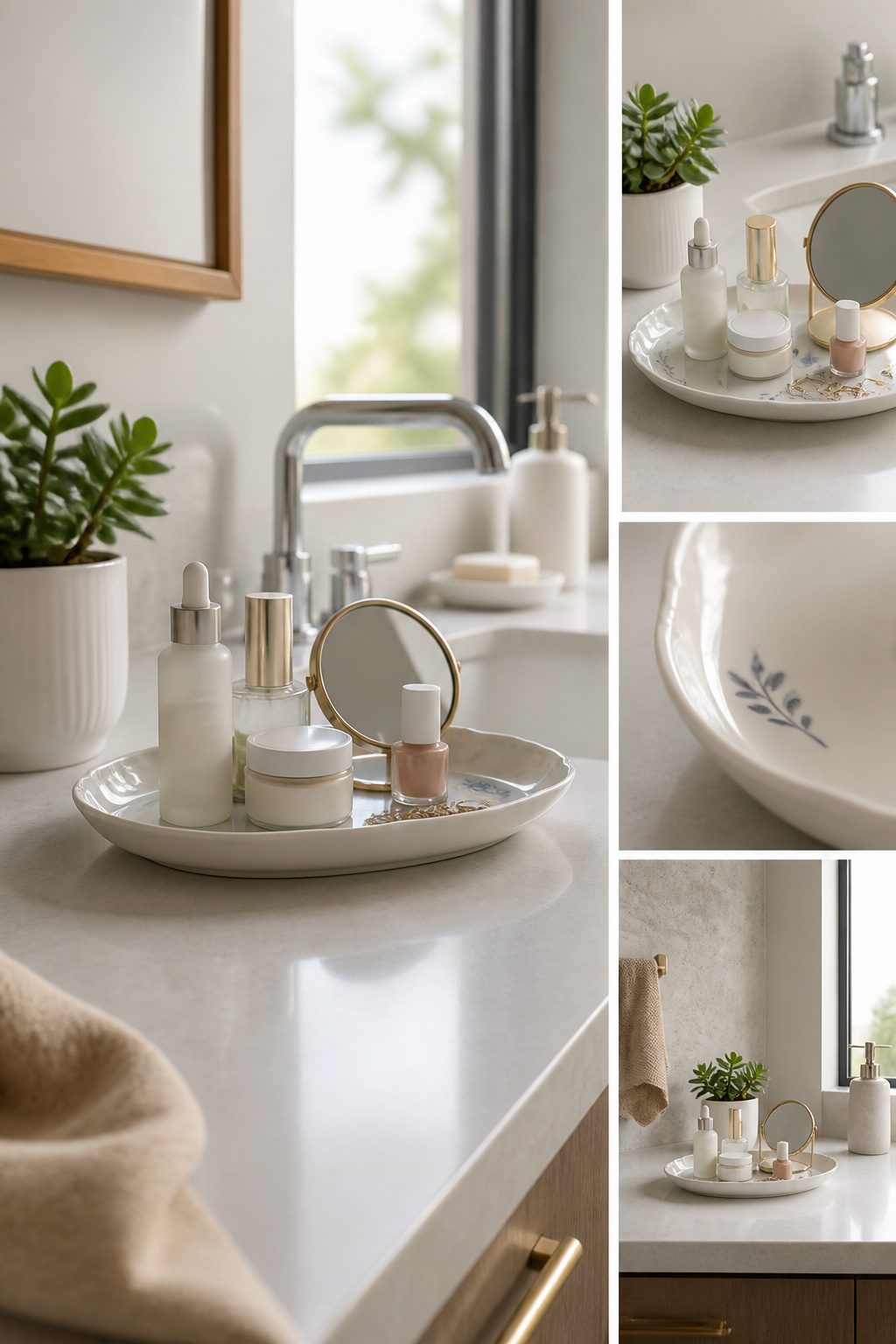A shallow porcelain dish used as a tray for skincare items.