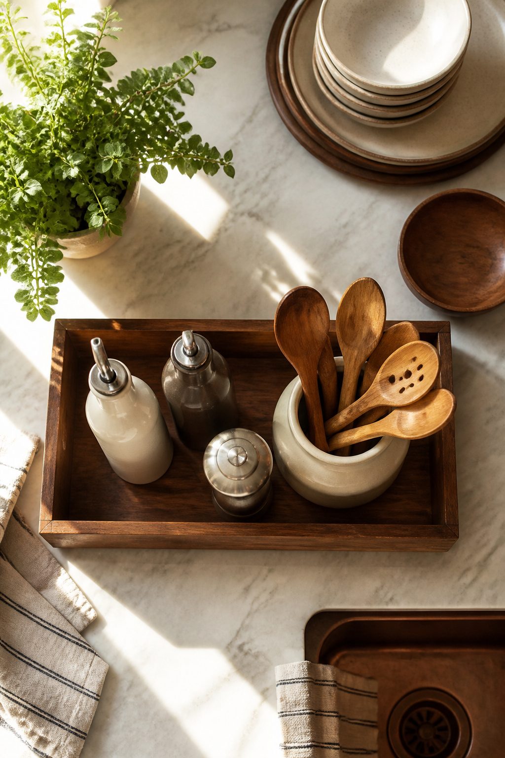A kitchen tray holding olive oil, salt, pepper mills, and a plant.