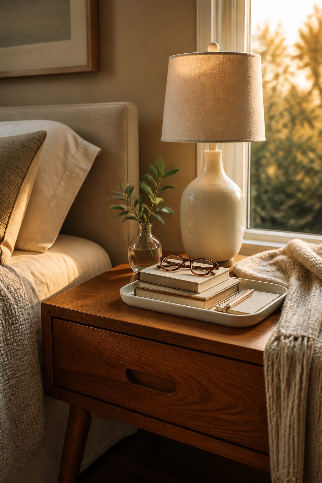 A nightstand displaying a tray with books and reading glasses.