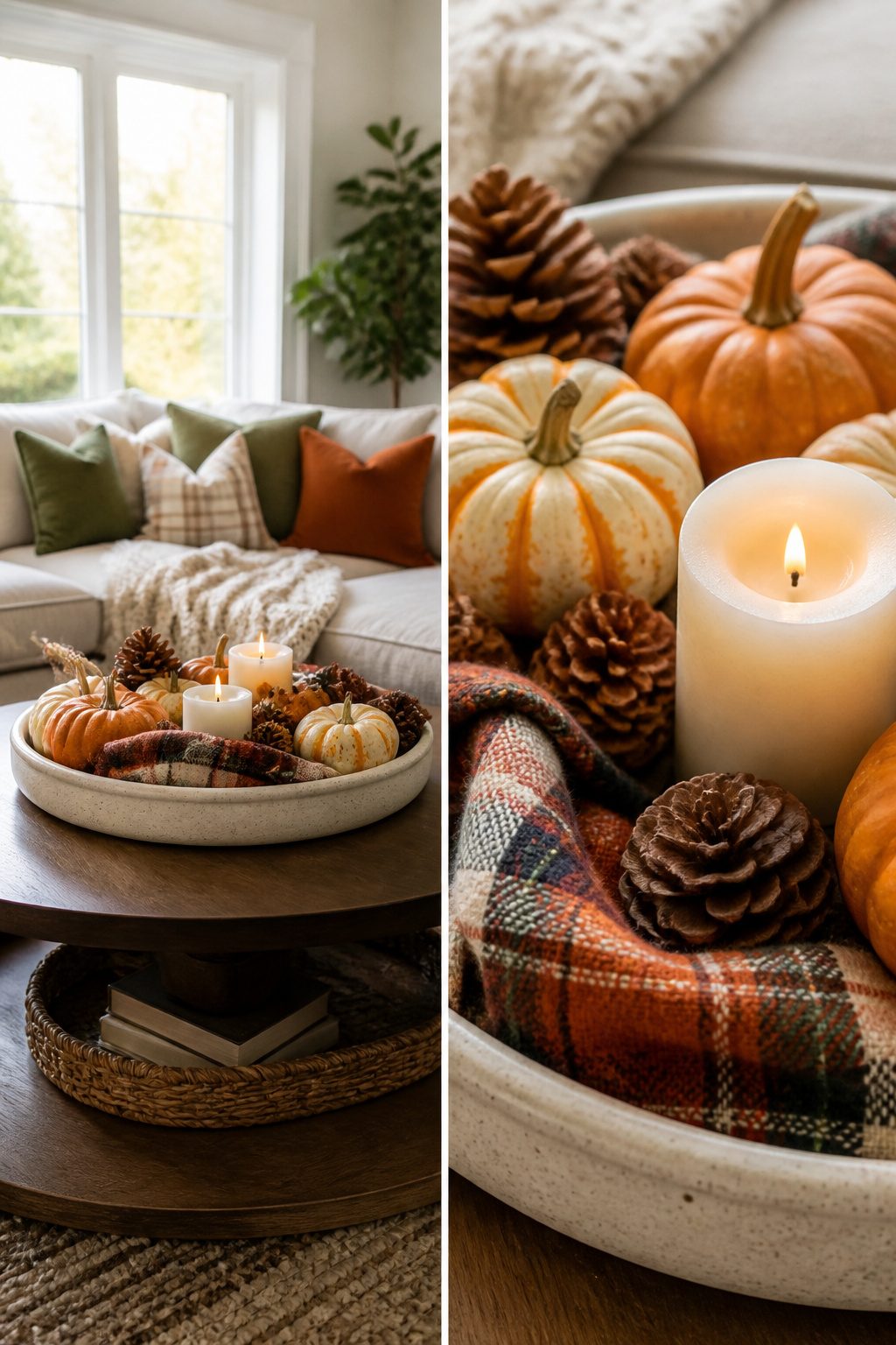 A tray decorated with mini pumpkins and pinecones for autumn.