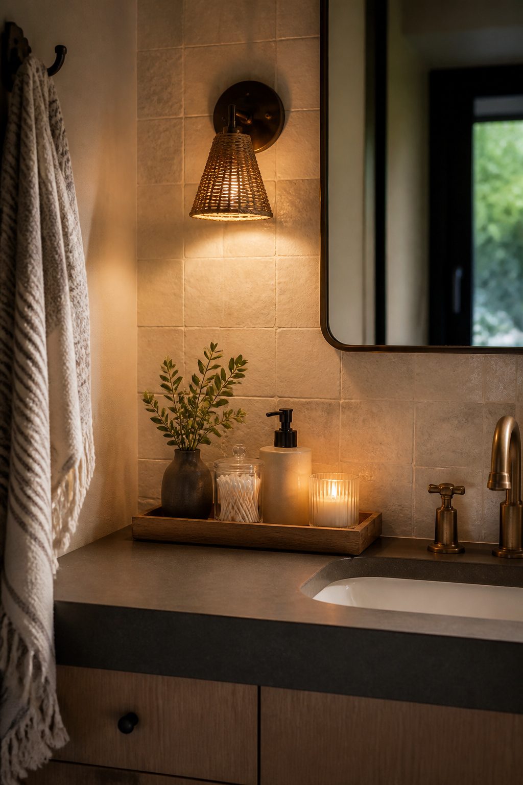 A wooden tray holding toiletries on a narrow bathroom counter.