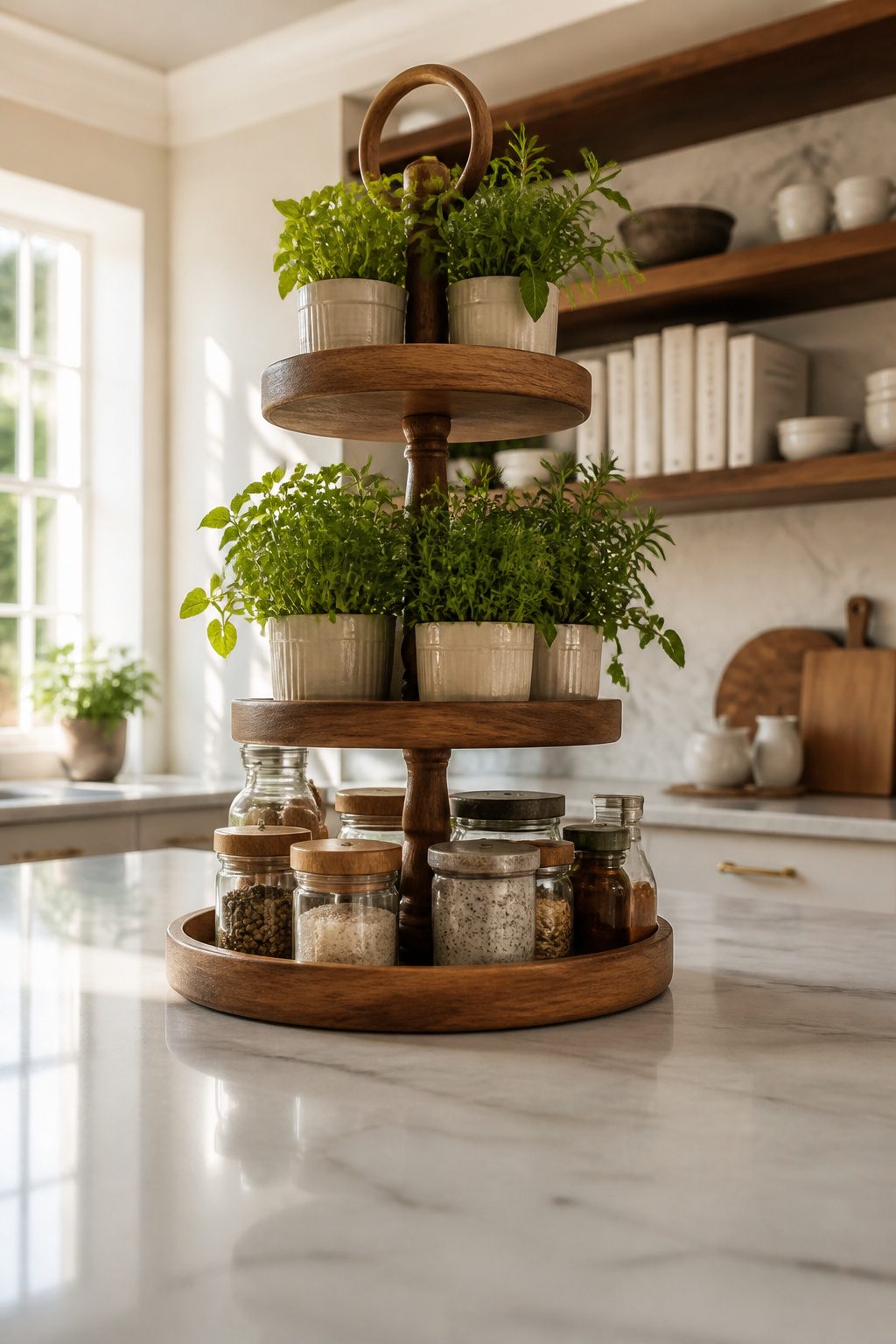 A three-tier tray displaying various small items in an organized way.