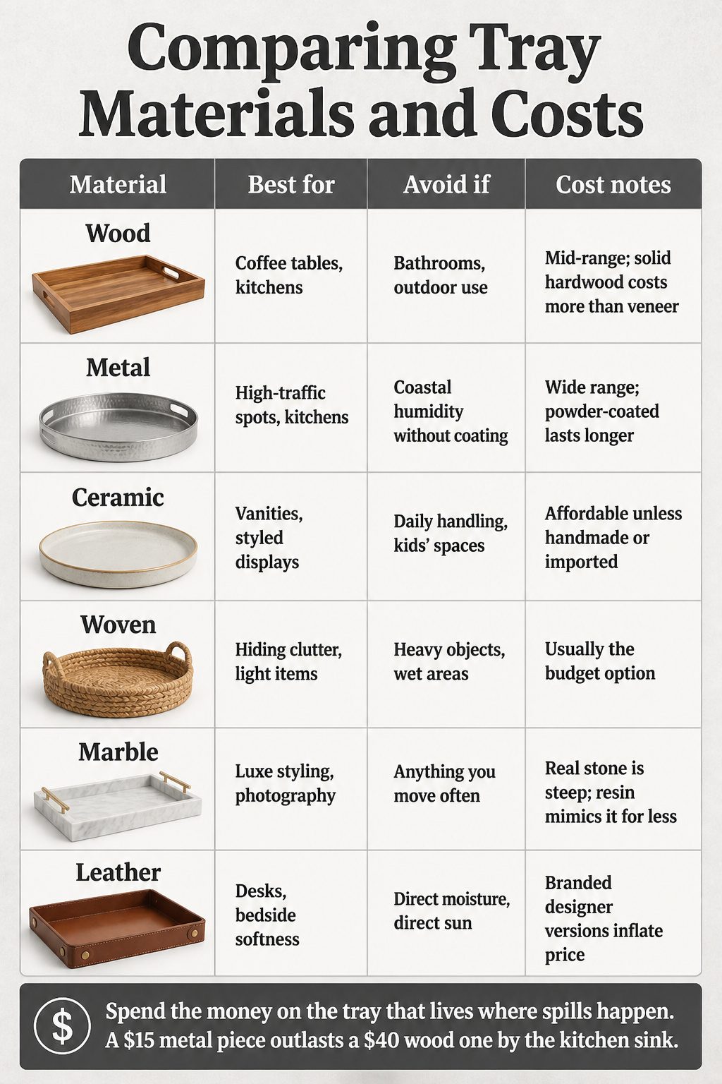 A chart showing different tray materials and their cost comparisons.