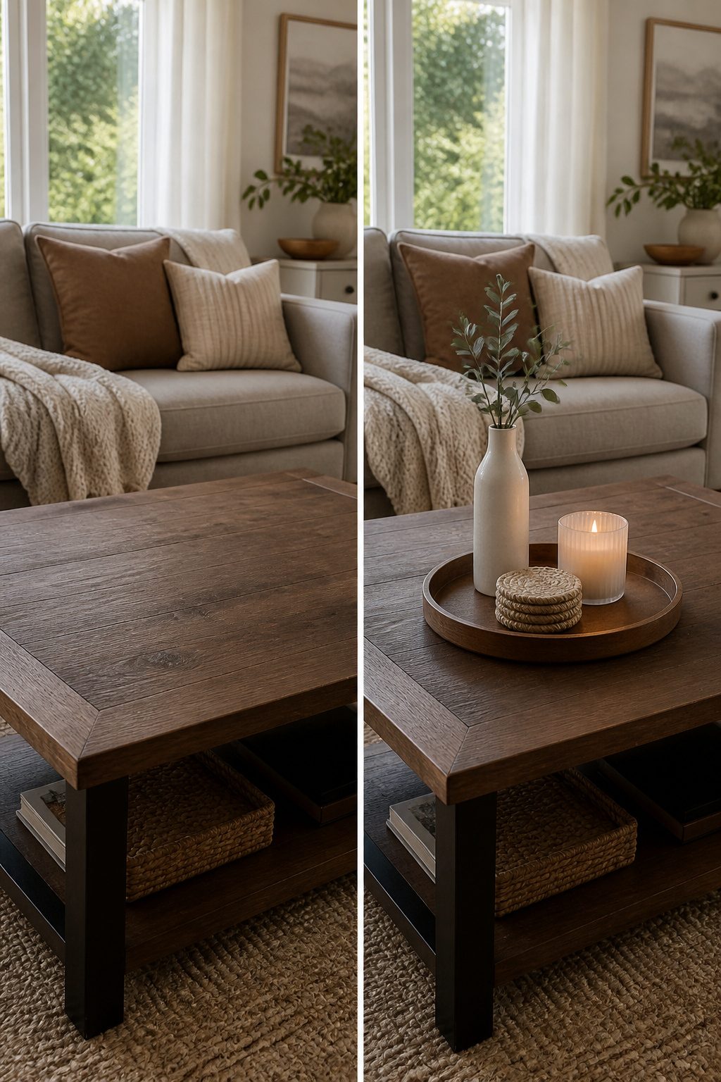 A coffee table with a tray featuring a few decorative items.