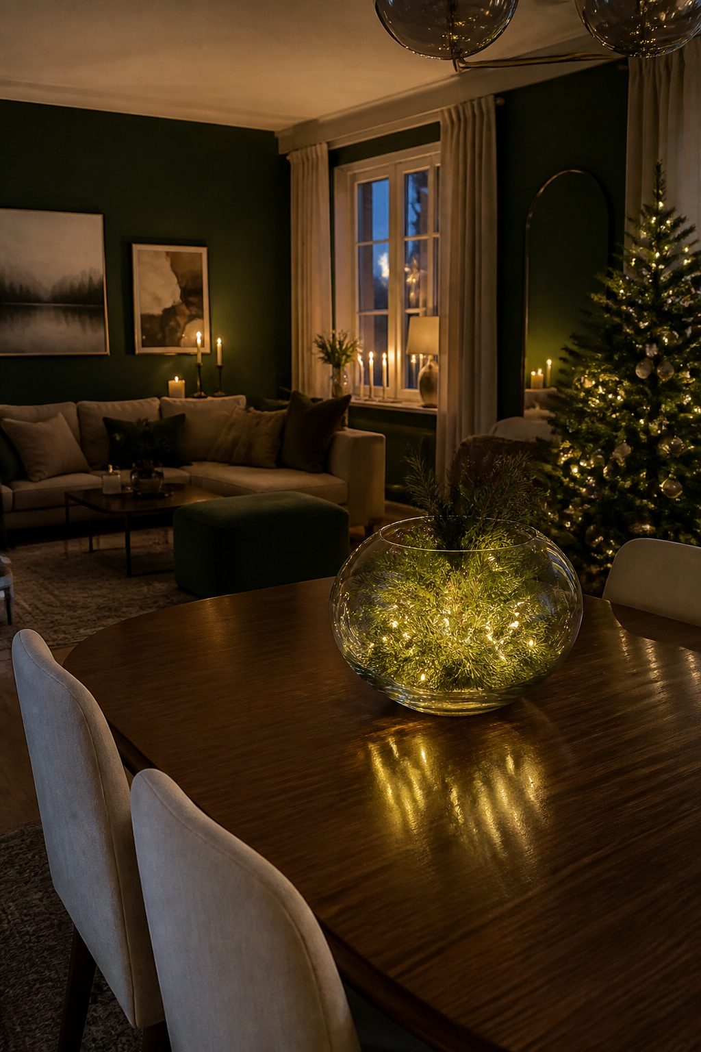 Candlelight and fairy lights create a warm ambiance in the living room.