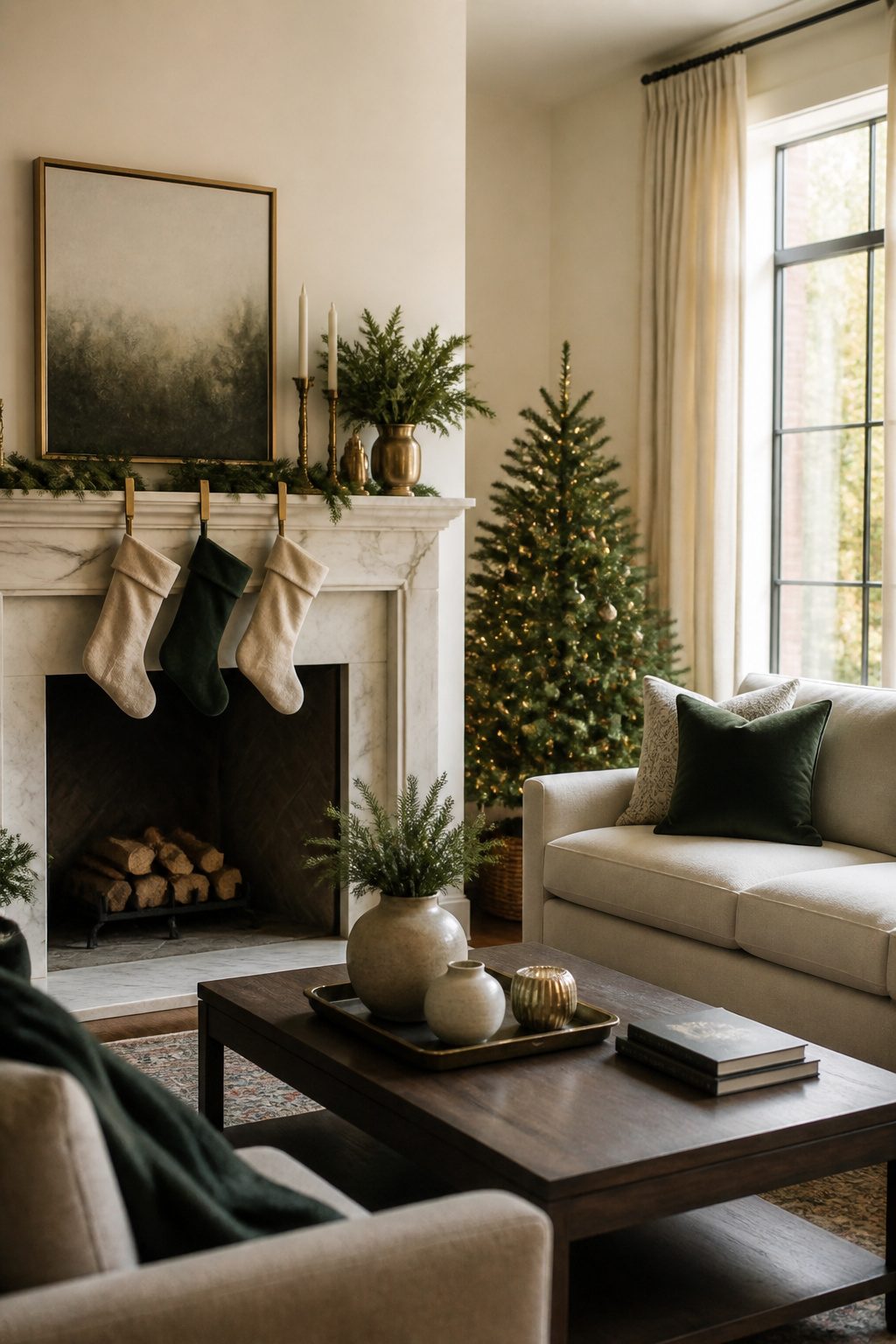 Living room featuring cream walls and green accents with antique brass details.
