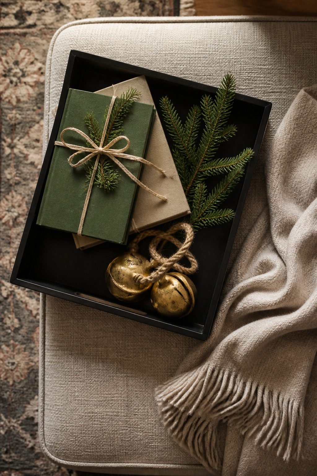 Lacquered tray on an ottoman holding seasonal decor and remotes.