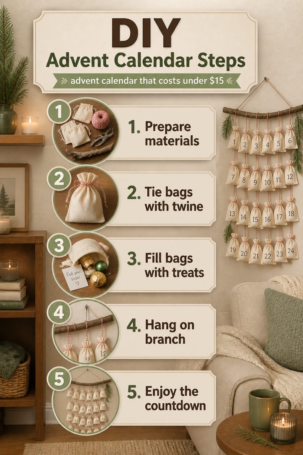 Advent calendar created with muslin bags hanging from a branch.