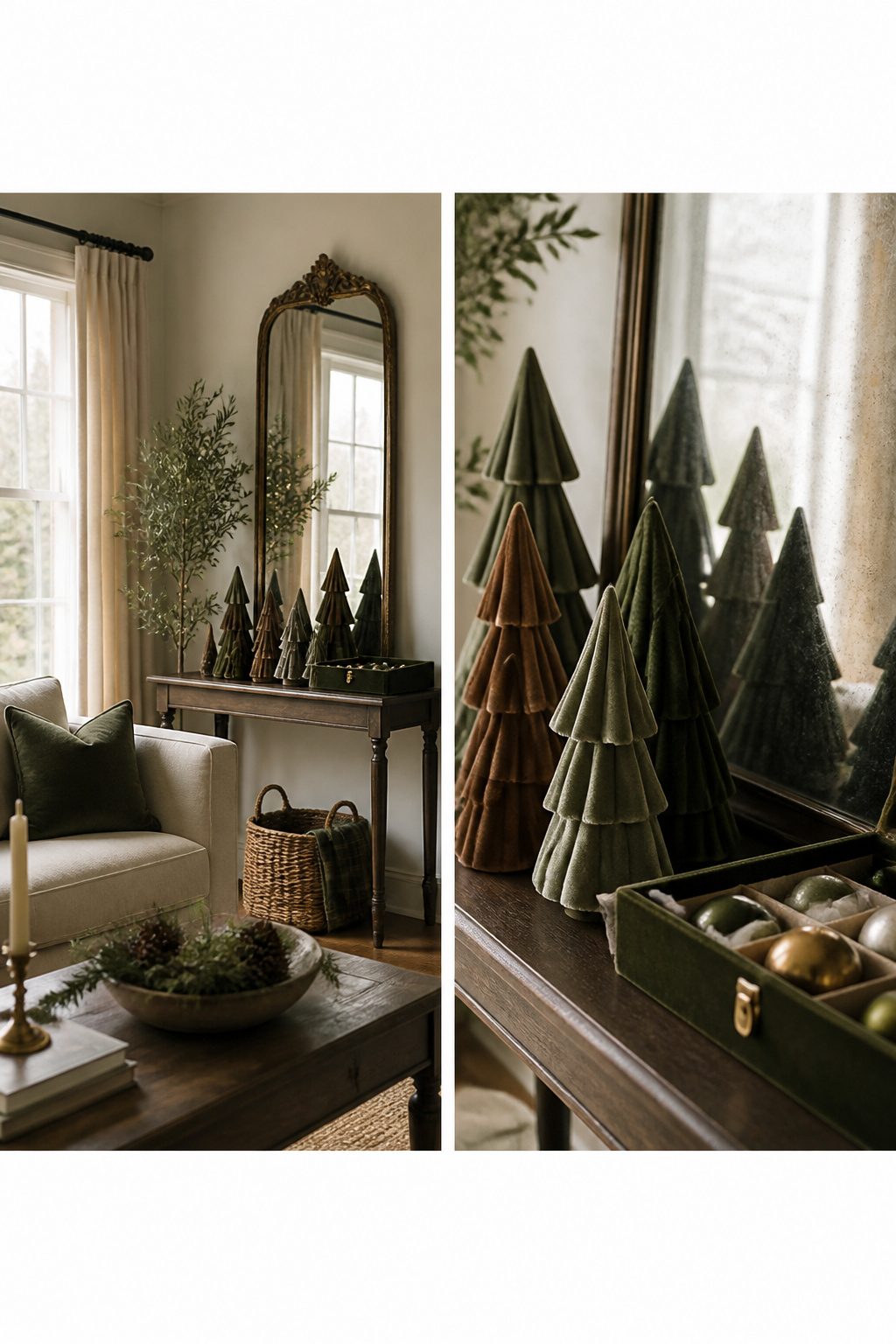 Handmade velvet trees displayed on a console table.
