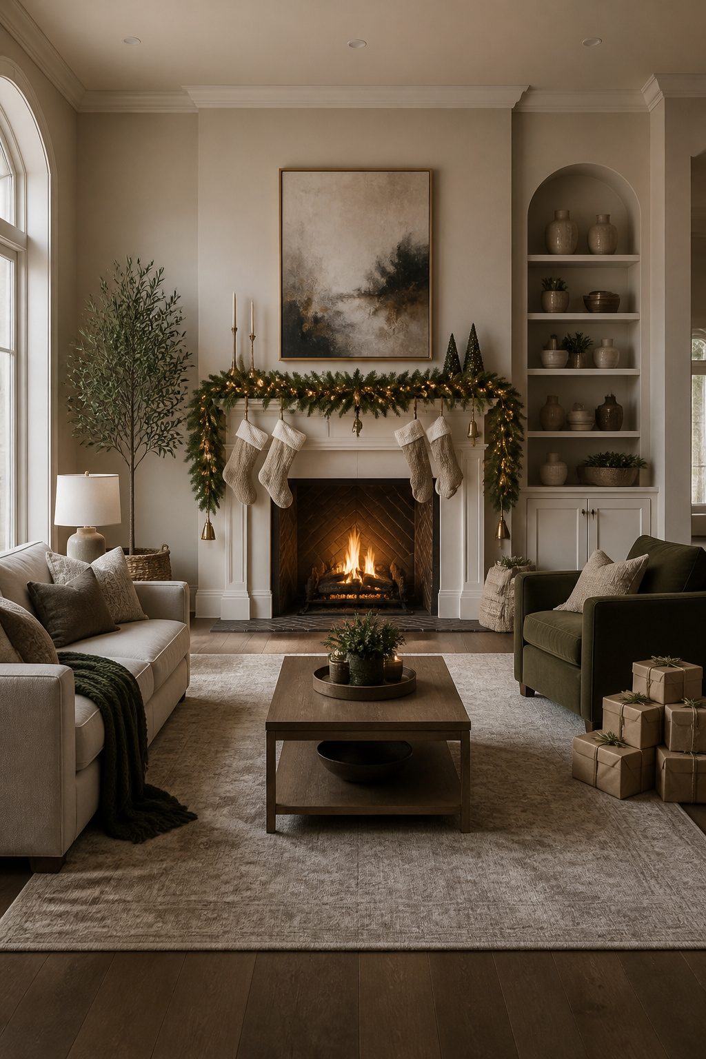 Mantel decorated with a garland, stockings, and brass bells.