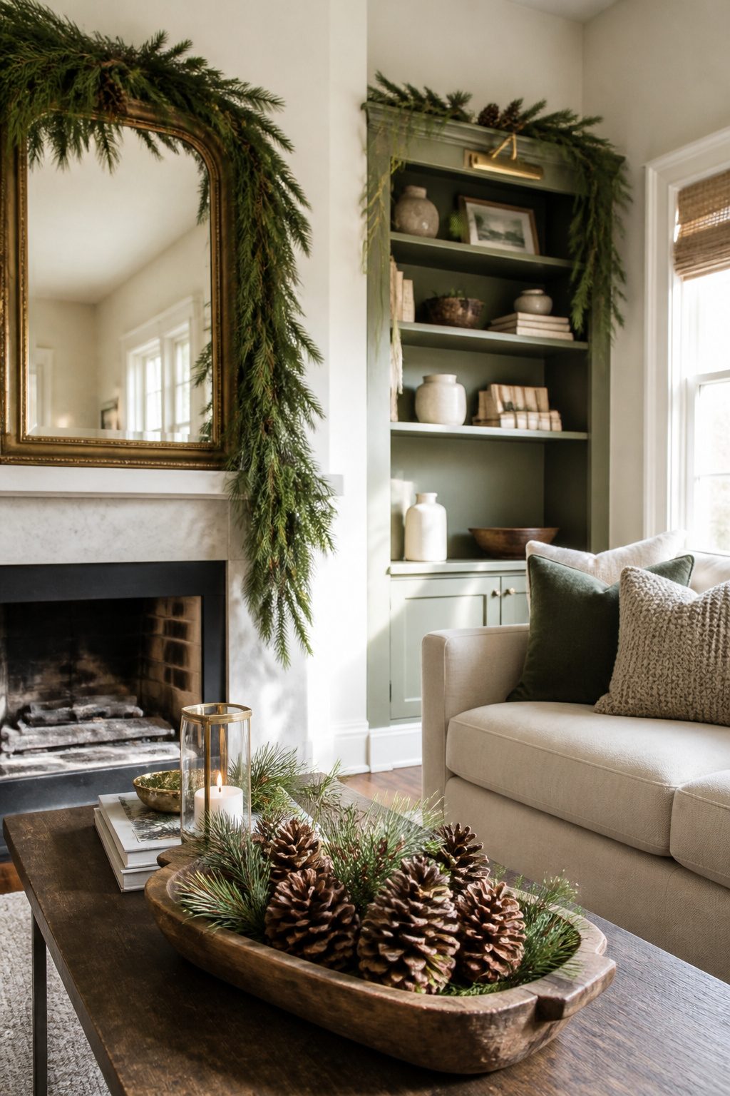 Garland and pinecones arranged in a living room setting.