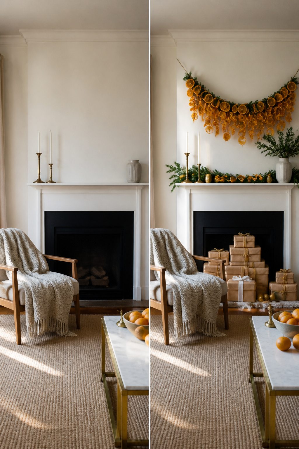 Living room featuring a non-traditional yellow and white holiday palette.