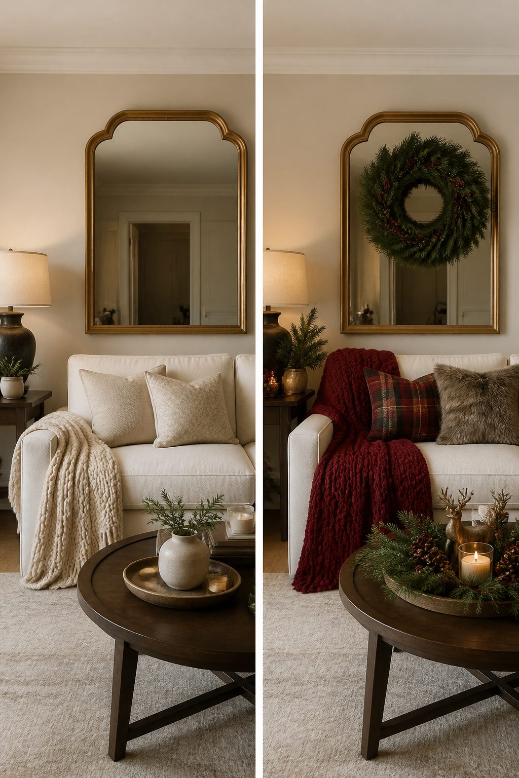 Cozy throw blanket and faux fur pillow on a couch for winter.