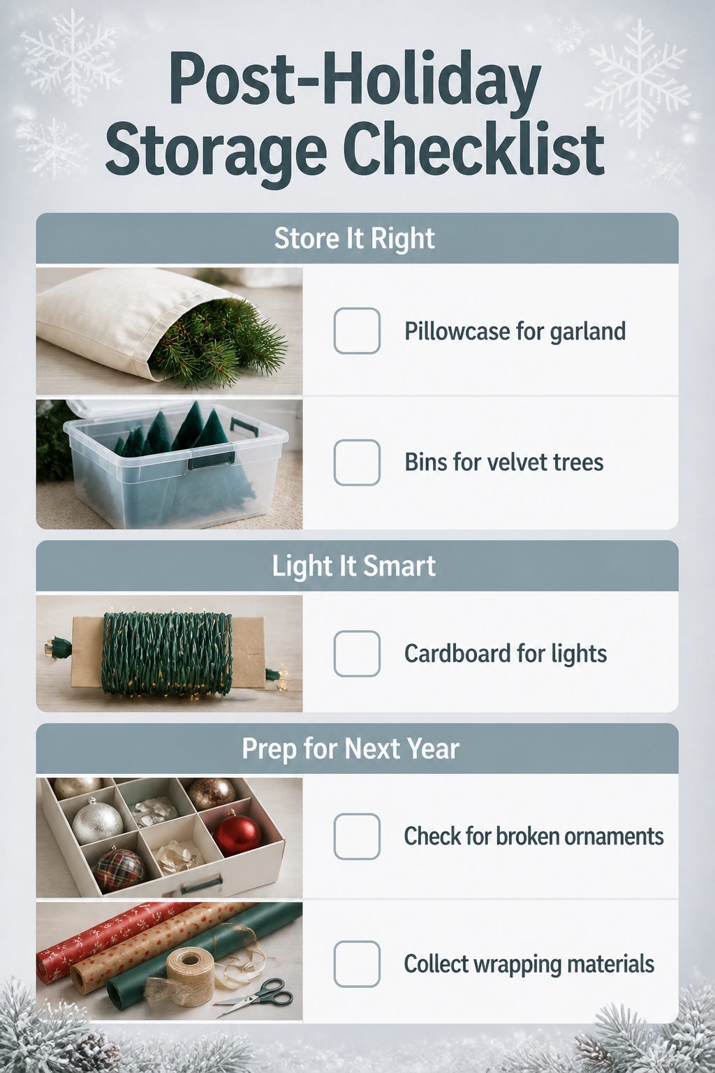 Storage bins and methods for organizing holiday decor items.