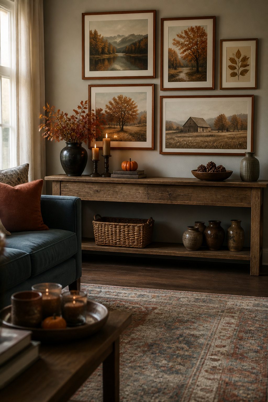 Art frames displaying fall landscapes in a living room setting.