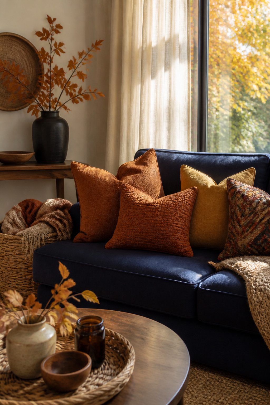 Living room with throw pillows in warm autumn tones on a navy sofa.