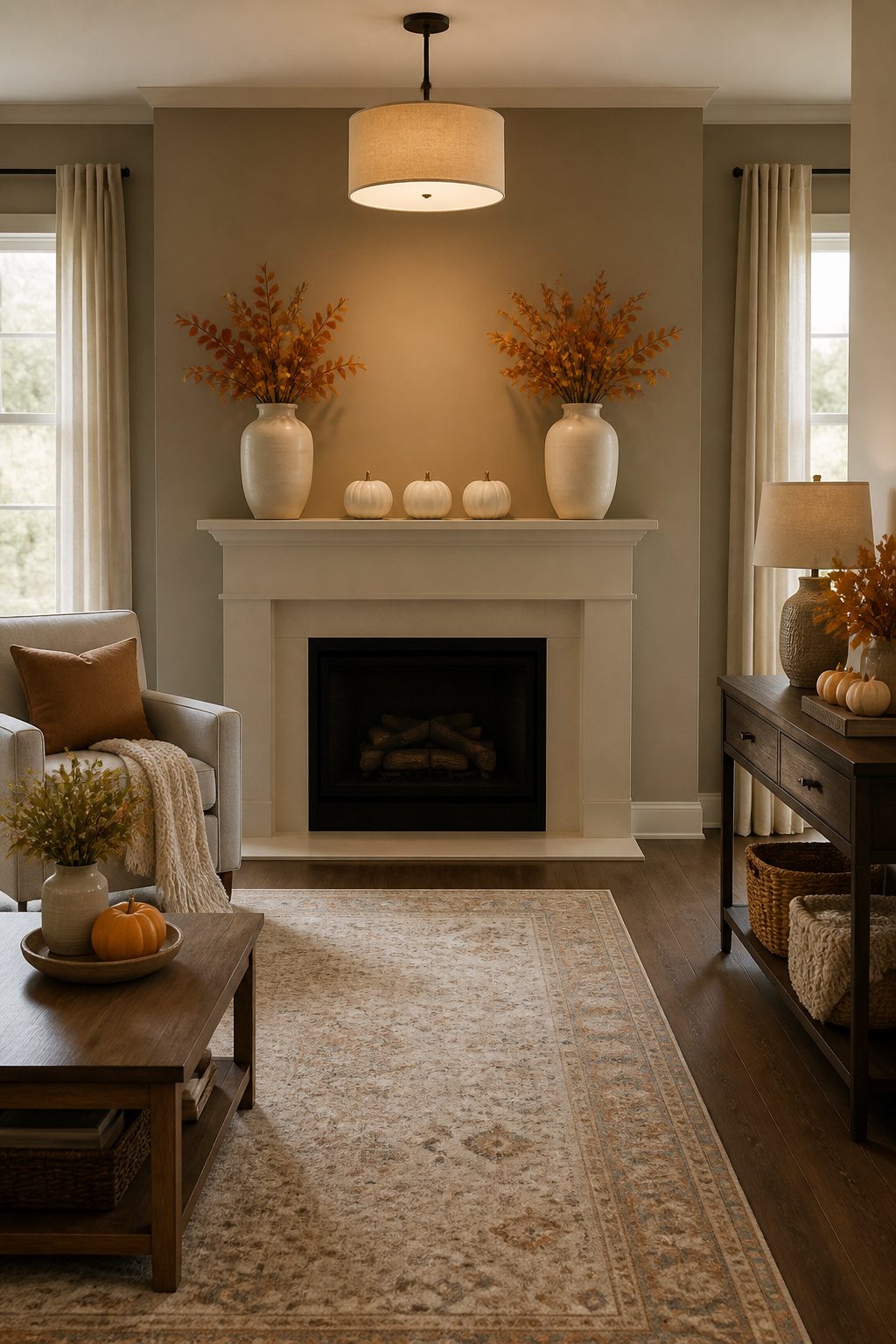 Mantel decorated with ceramic vases and small white pumpkins.
